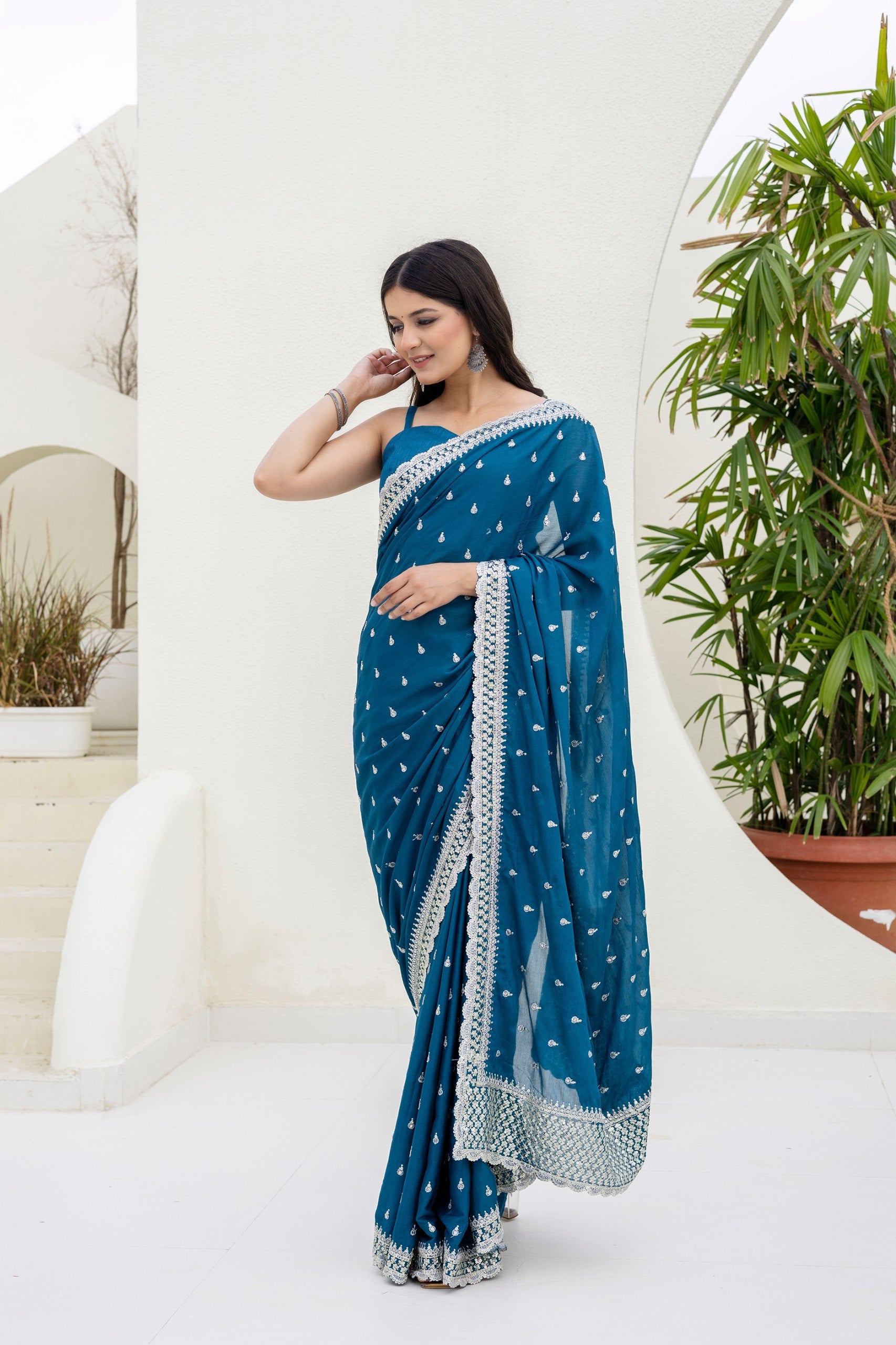 Blue Elegant Chinon Saree with Zari, Dori & 4mm Sequins Work with Banglori Silk Blouse – Festive Wear ClothsVilla