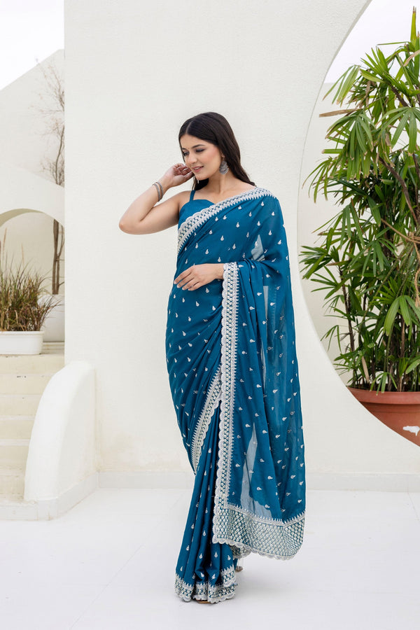 Blue Elegant Chinon Saree with Zari, Dori & 4mm Sequins Work with Banglori Silk Blouse – Festive Wear ClothsVilla