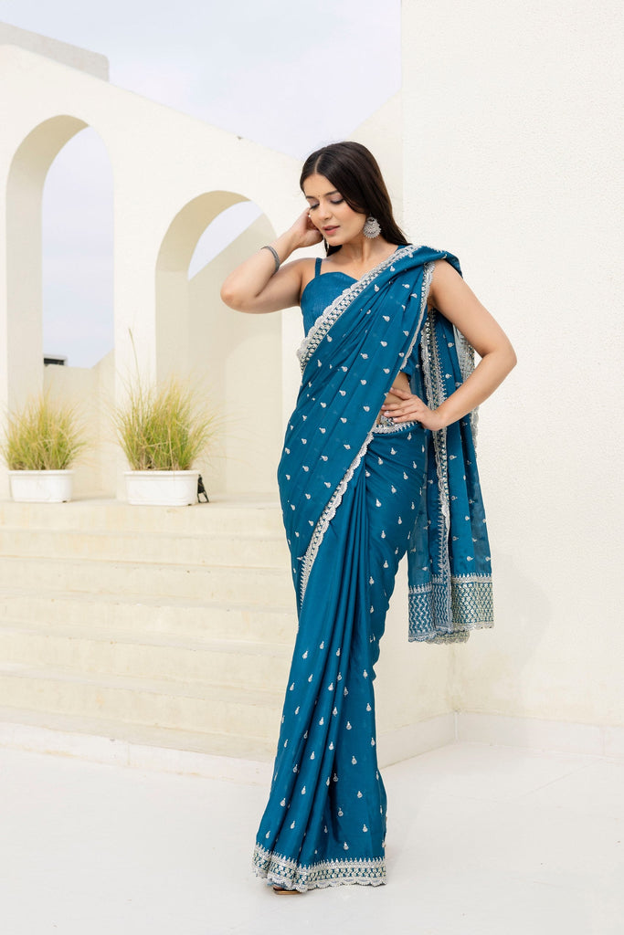 Blue Elegant Chinon Saree with Zari, Dori & 4mm Sequins Work with Banglori Silk Blouse – Festive Wear ClothsVilla