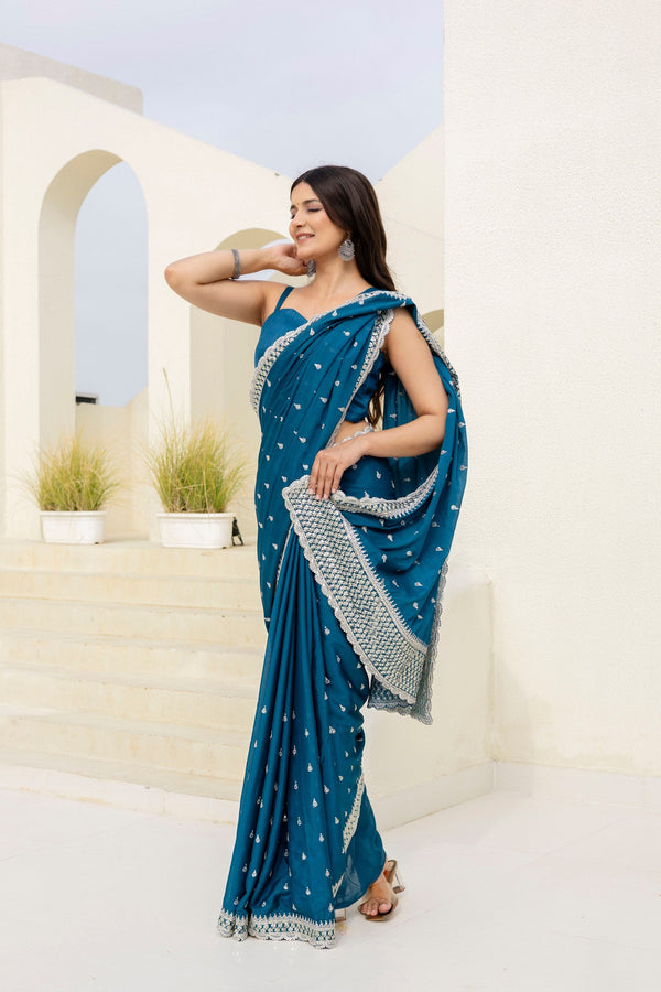 Blue Elegant Chinon Saree with Zari, Dori & 4mm Sequins Work with Banglori Silk Blouse – Festive Wear ClothsVilla