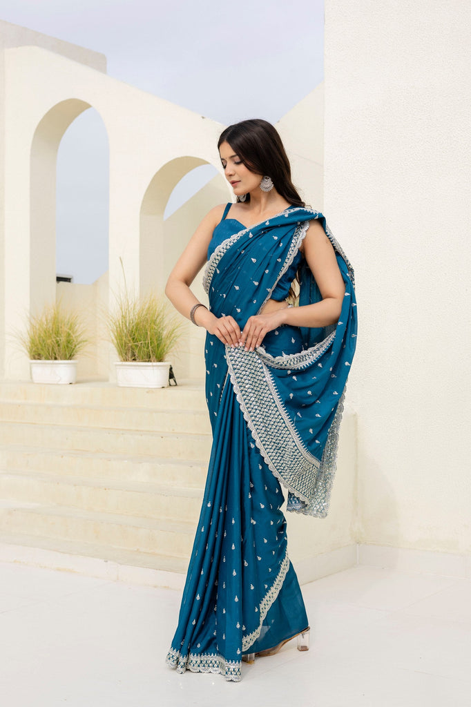 Blue Elegant Chinon Saree with Zari, Dori & 4mm Sequins Work with Banglori Silk Blouse – Festive Wear ClothsVilla