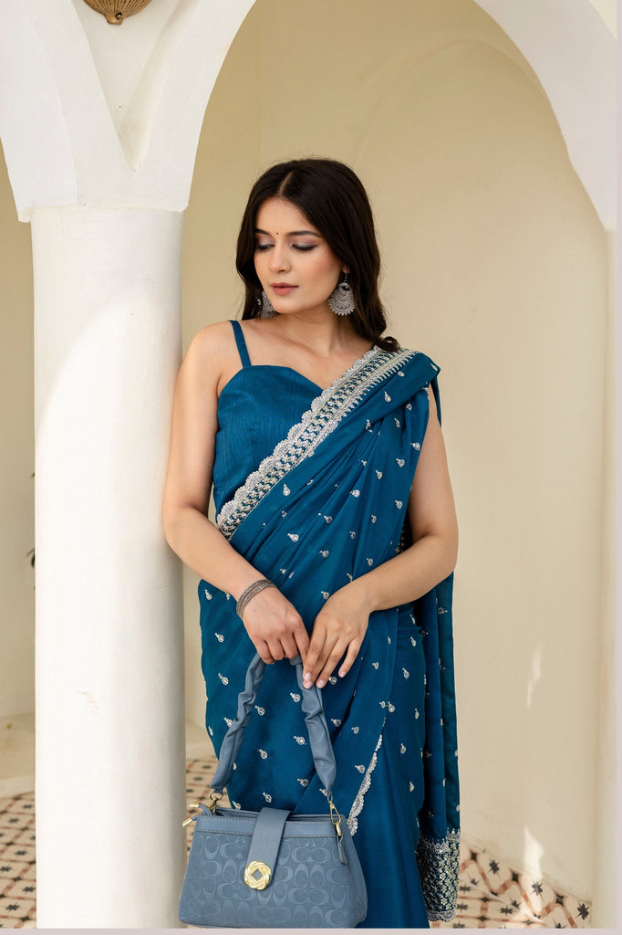 Blue Elegant Chinon Saree with Zari, Dori & 4mm Sequins Work with Banglori Silk Blouse – Festive Wear ClothsVilla