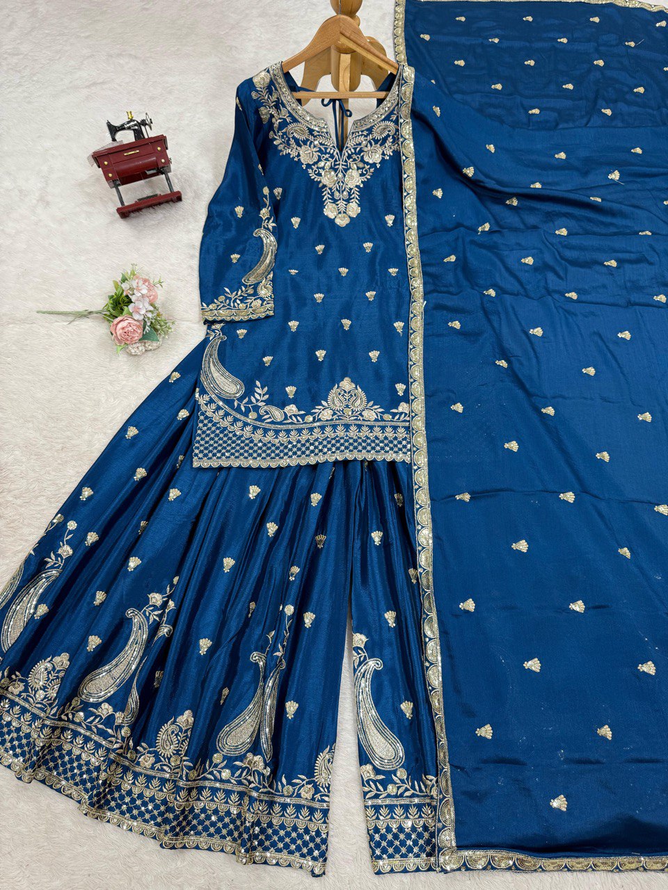 Blue Elegant Chinon Silk 3-Piece Suit Set with Sequin Embroidery & Lace Border Dupatta ClothsVilla