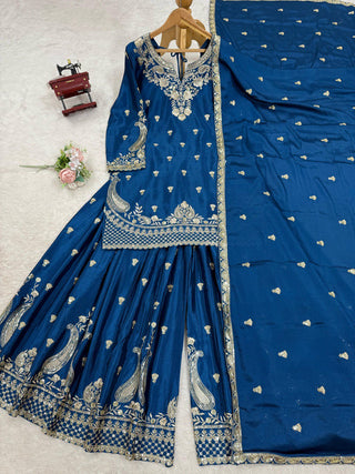 Blue Elegant Chinon Silk 3-Piece Suit Set with Sequin Embroidery & Lace Border Dupatta ClothsVilla