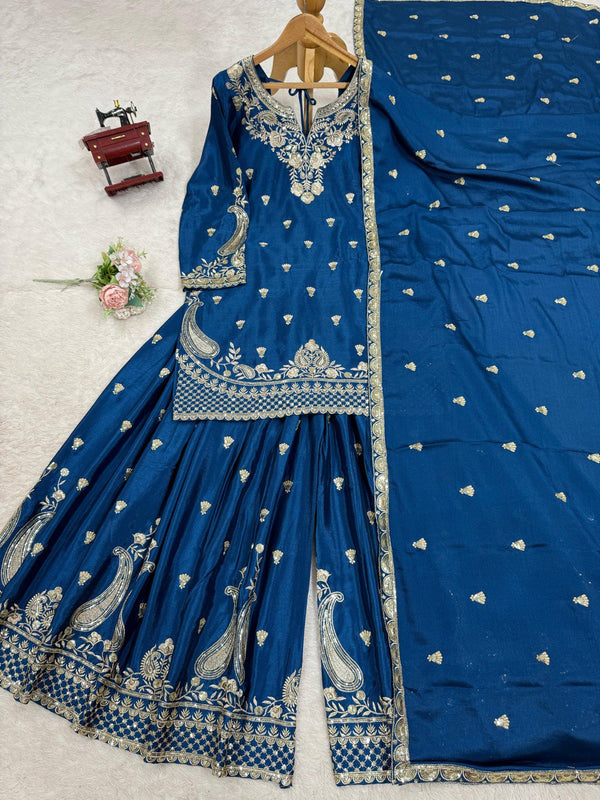 Blue Elegant Chinon Silk 3-Piece Suit Set with Sequin Embroidery & Lace Border Dupatta ClothsVilla