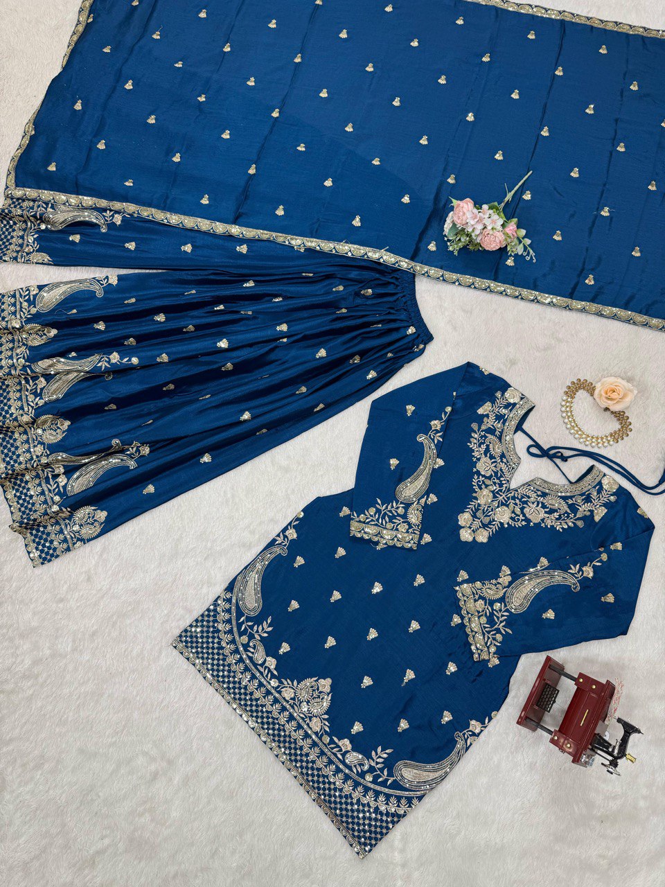 Blue Elegant Chinon Silk 3-Piece Suit Set with Sequin Embroidery & Lace Border Dupatta ClothsVilla
