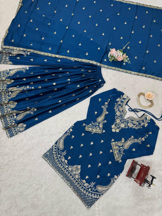 Blue Elegant Chinon Silk 3-Piece Suit Set with Sequin Embroidery & Lace Border Dupatta ClothsVilla