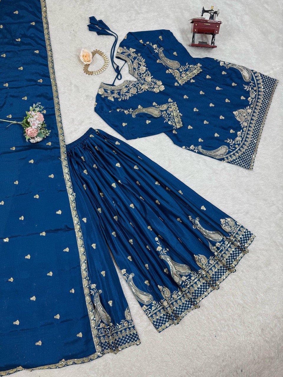 Blue Elegant Chinon Silk 3-Piece Suit Set with Sequin Embroidery & Lace Border Dupatta ClothsVilla