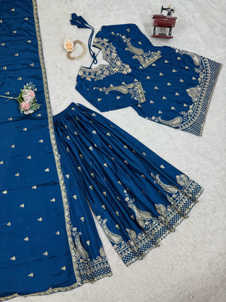 Blue Elegant Chinon Silk 3-Piece Suit Set with Sequin Embroidery & Lace Border Dupatta ClothsVilla