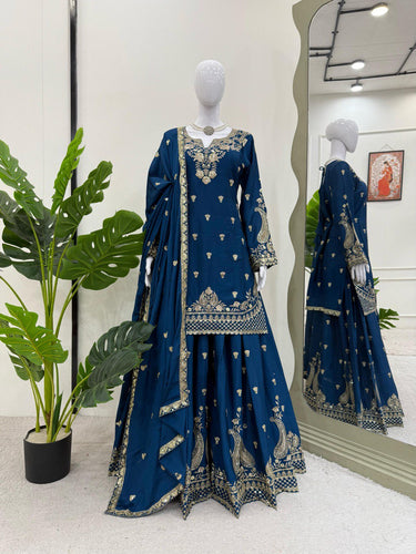 Blue Elegant Chinon Silk 3-Piece Suit Set with Sequin Embroidery & Lace Border Dupatta ClothsVilla