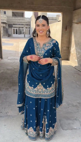 Blue Elegant Chinon Silk 3-Piece Suit Set with Sequin Embroidery & Lace Border Dupatta ClothsVilla