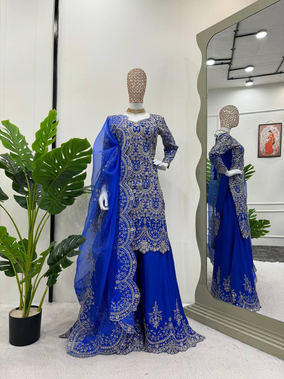 Blue Elegant Chinon Silk Plazo Set with Organza Dupatta ClothsVilla