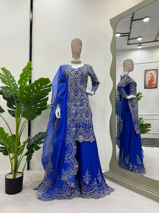 Blue Elegant Chinon Silk Plazo Set with Organza Dupatta ClothsVilla
