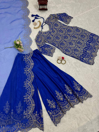 Blue Elegant Chinon Silk Plazo Set with Organza Dupatta ClothsVilla