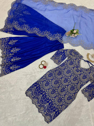Blue Elegant Chinon Silk Plazo Set with Organza Dupatta ClothsVilla