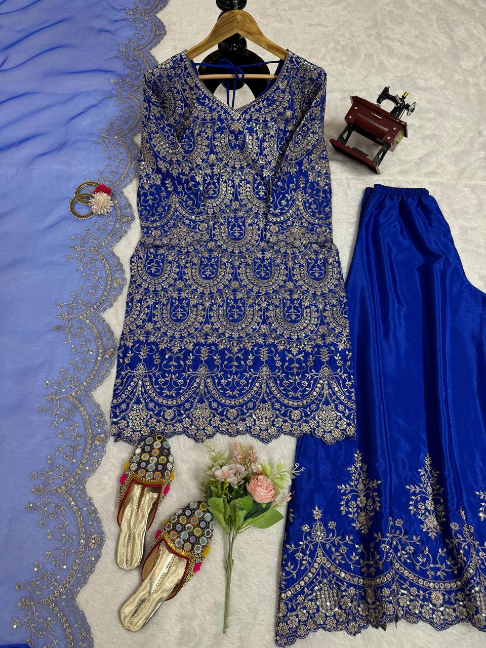 Blue Elegant Chinon Silk Plazo Set with Organza Dupatta ClothsVilla