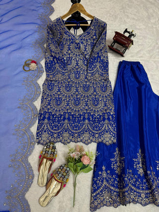 Blue Elegant Chinon Silk Plazo Set with Organza Dupatta ClothsVilla