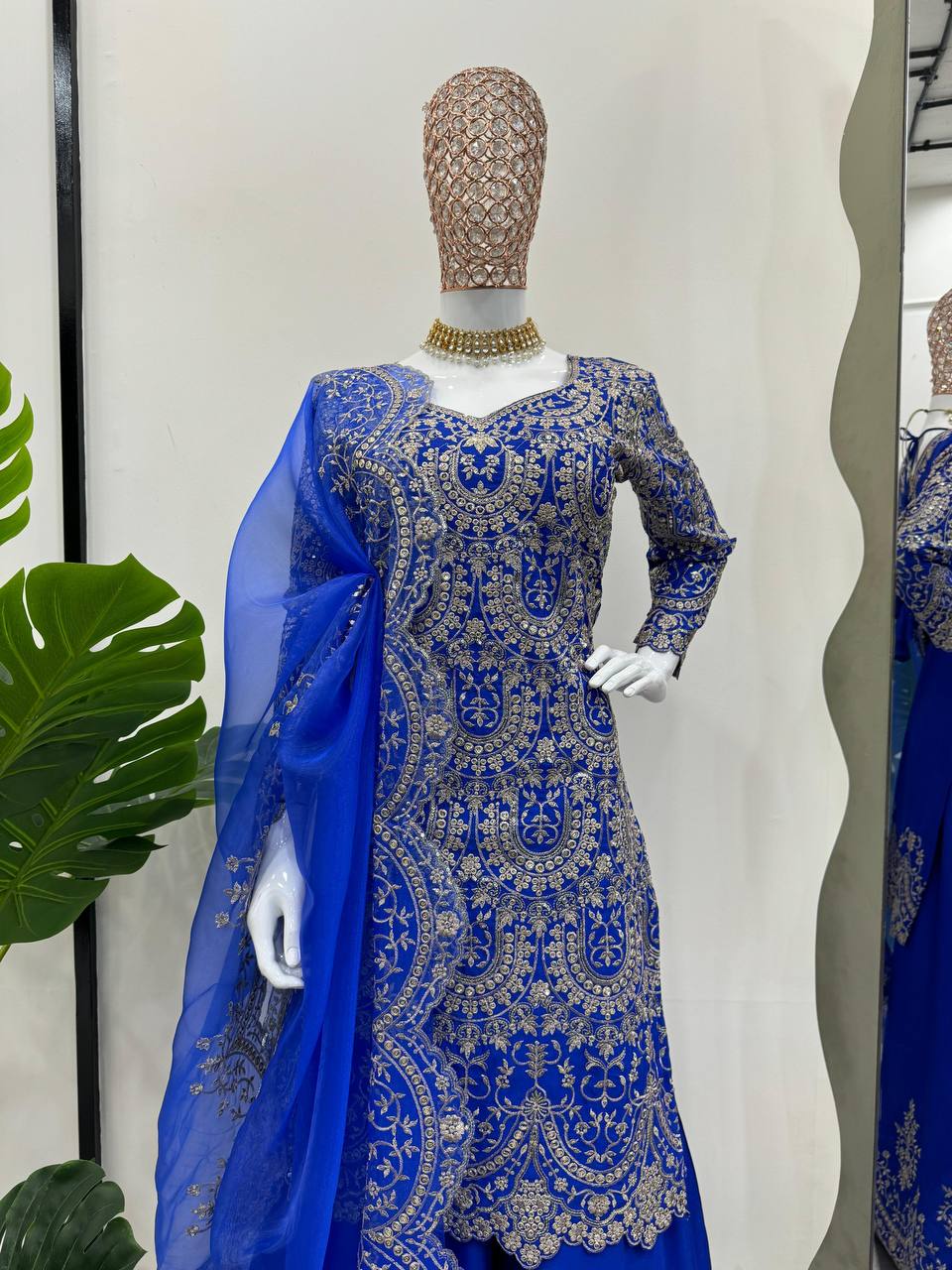 Blue Elegant Chinon Silk Plazo Set with Organza Dupatta ClothsVilla
