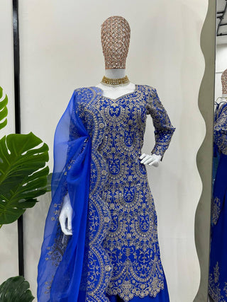 Blue Elegant Chinon Silk Plazo Set with Organza Dupatta ClothsVilla