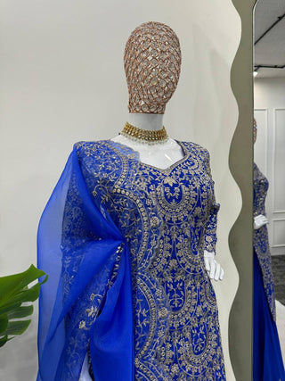 Blue Elegant Chinon Silk Plazo Set with Organza Dupatta ClothsVilla