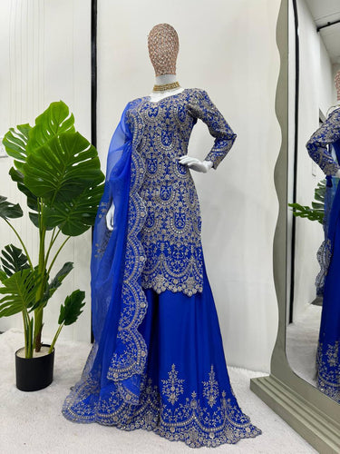 Blue Elegant Chinon Silk Plazo Set with Organza Dupatta ClothsVilla