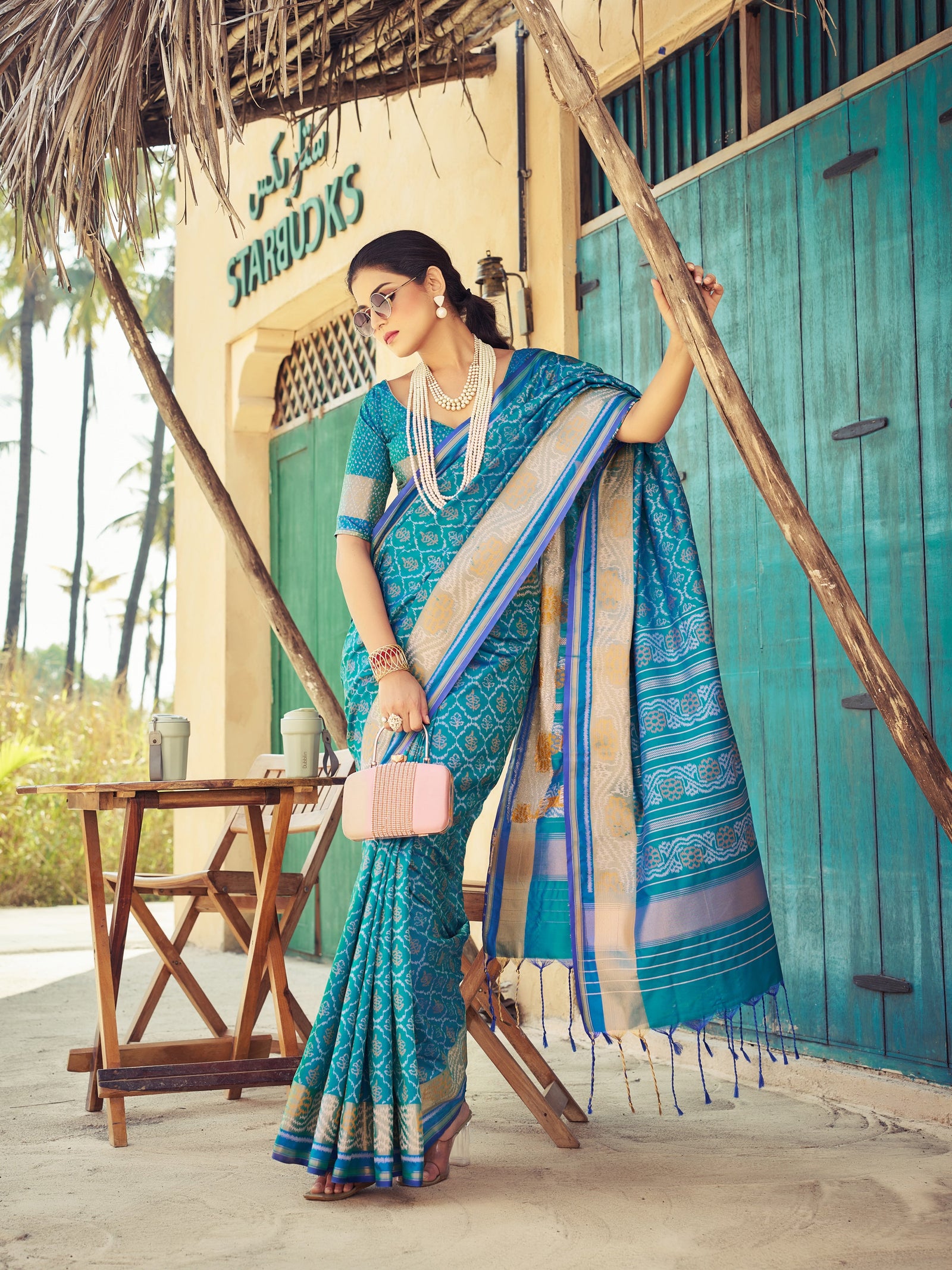 Blue Elegant Cotton Blend Saree Daily Wear ClothsVilla