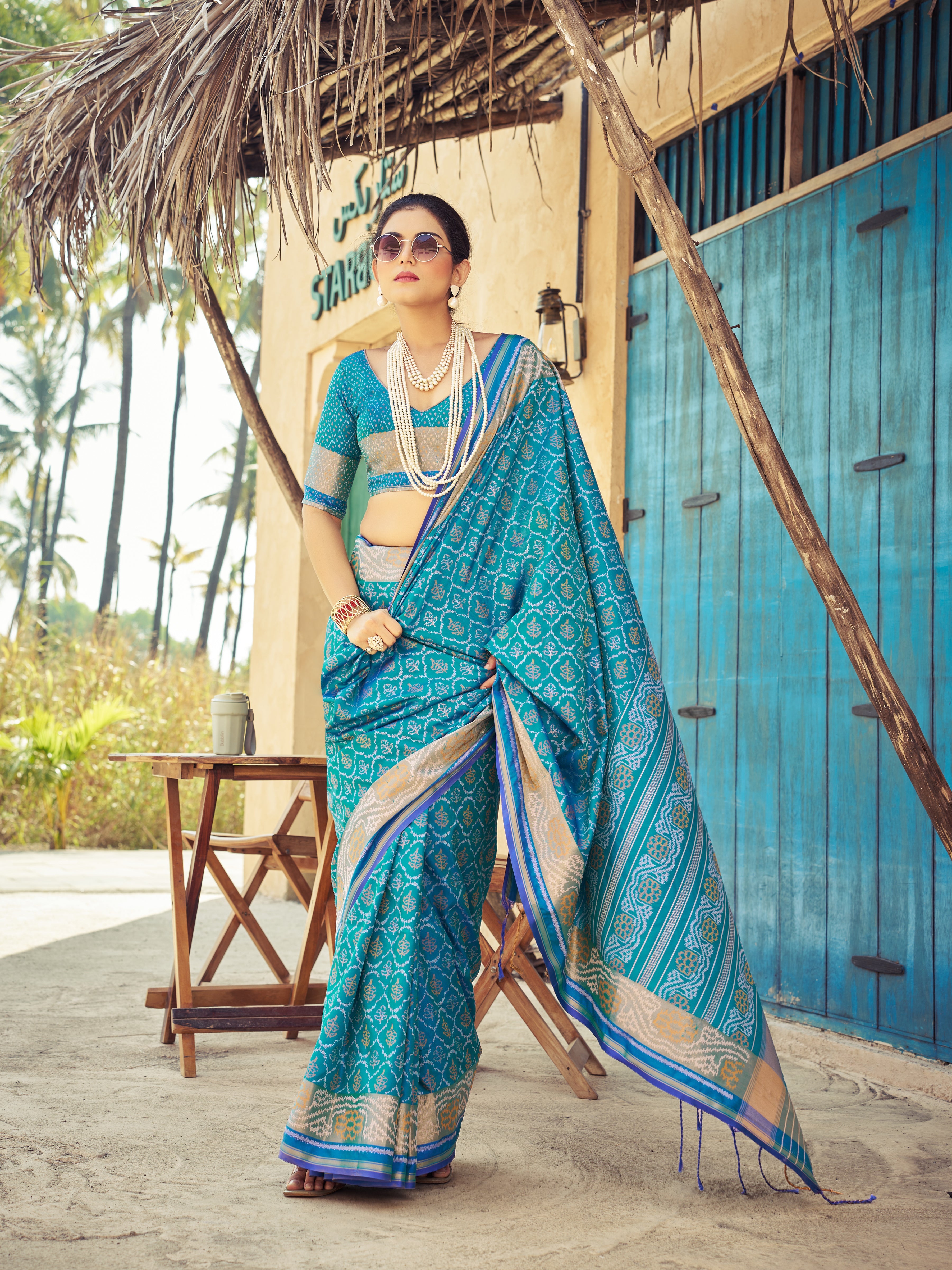 Blue Elegant Cotton Blend Saree Daily Wear ClothsVilla Main image