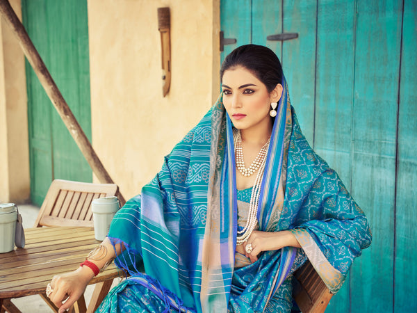 Blue Elegant Cotton Blend Saree Daily Wear ClothsVilla