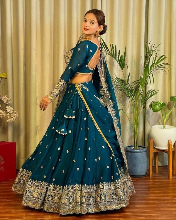 Blue Elegant Designer Lehenga Set – Thread & Sequin Work Full-Stitched Flair Beauty CHIFFON