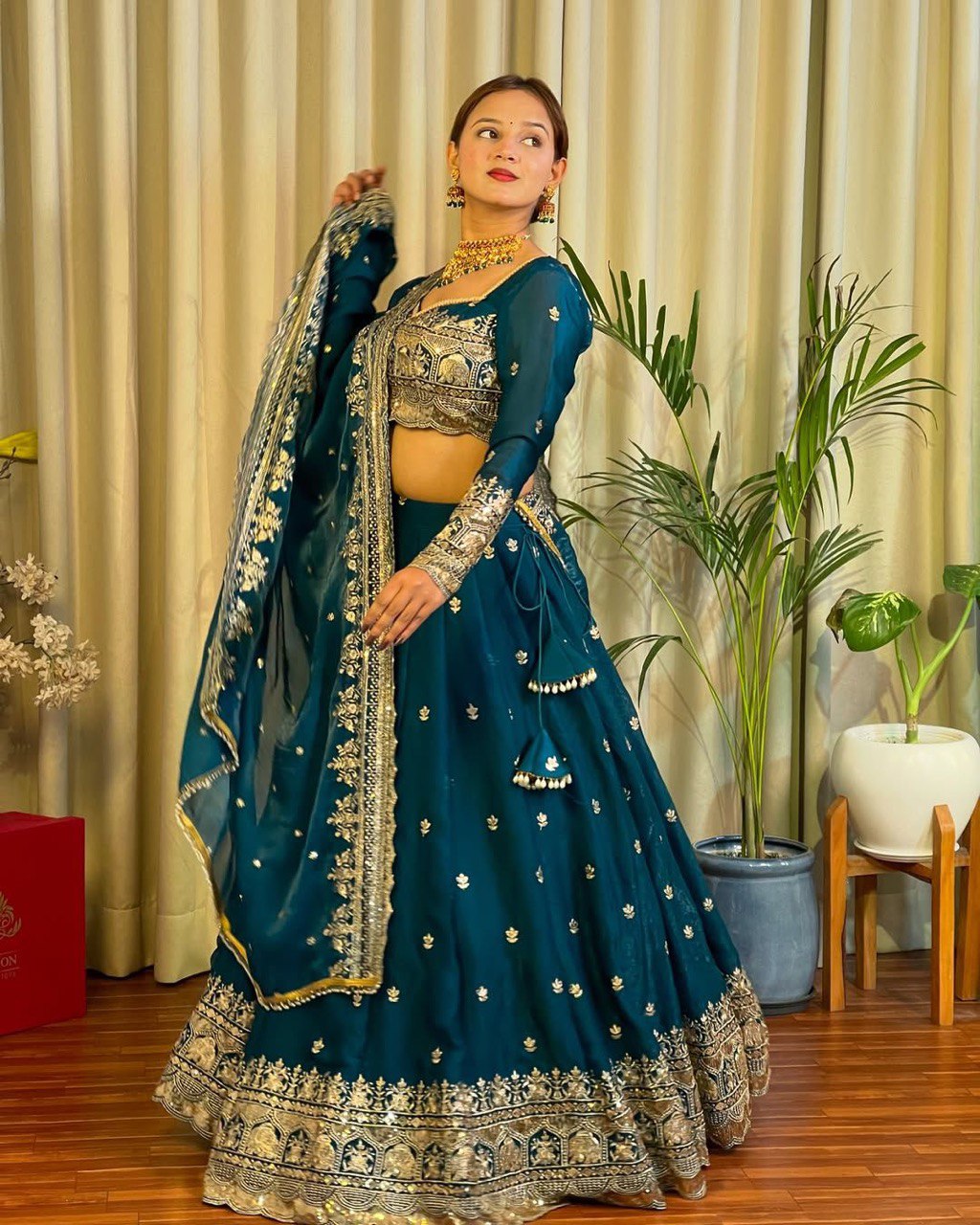 Blue Elegant Designer Lehenga Set – Thread & Sequin Work Full-Stitched Flair Beauty CHIFFON