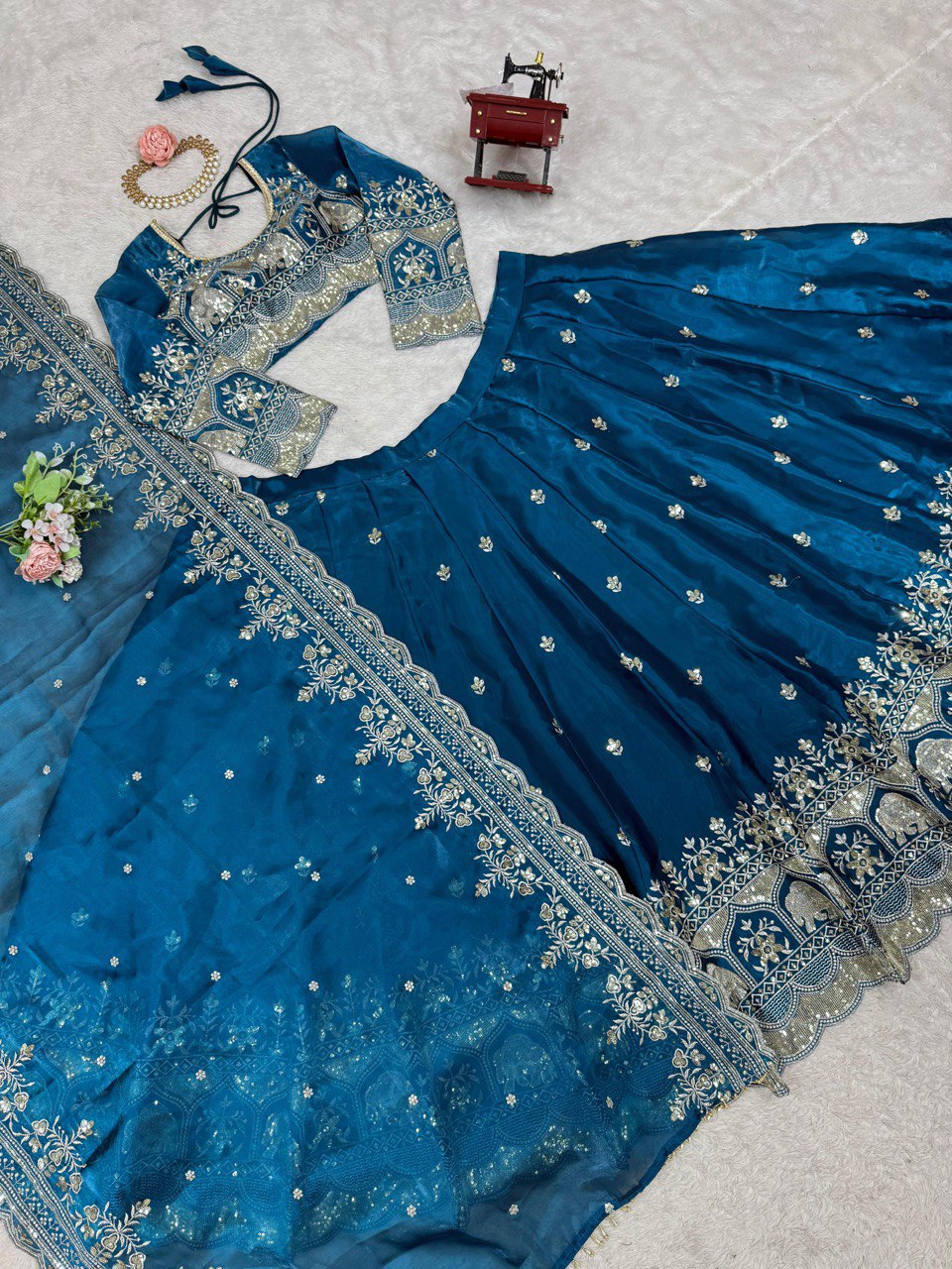 Blue Elegant Designer Lehenga Set – Thread & Sequin Work Full-Stitched Flair Beauty CHIFFON