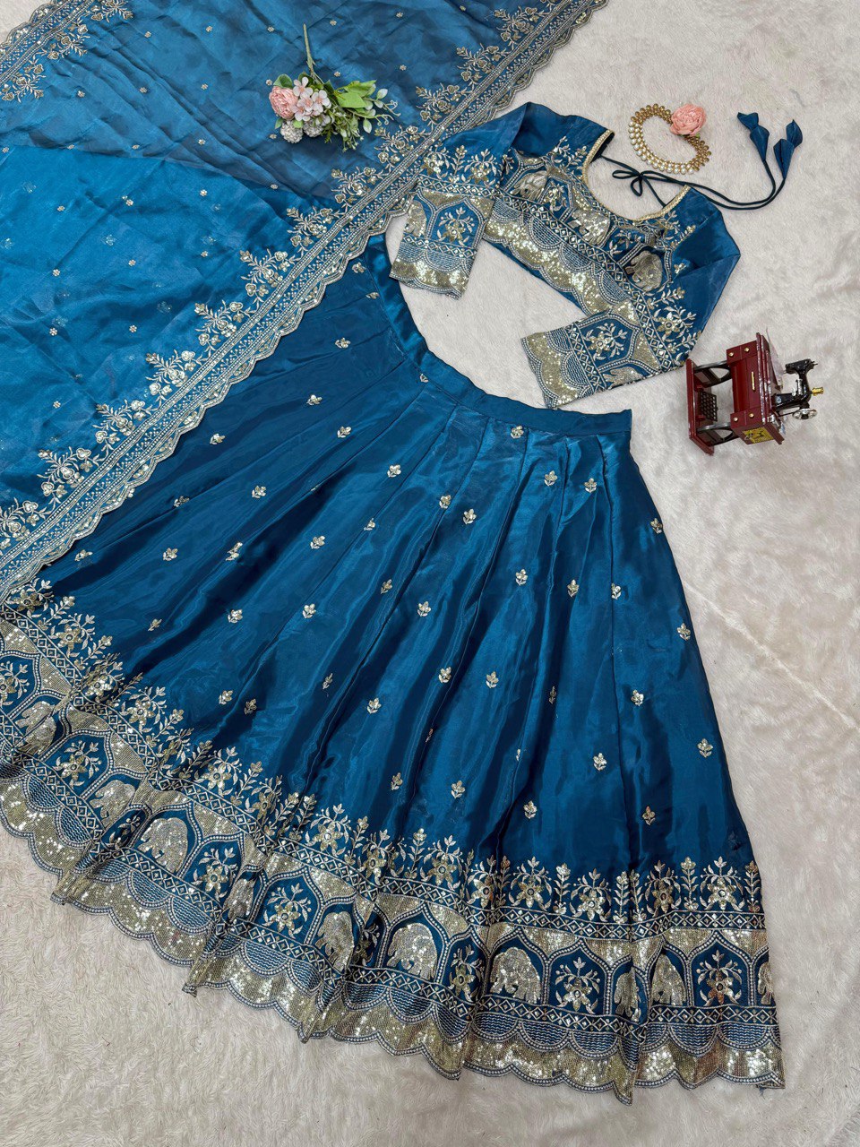 Blue Elegant Designer Lehenga Set – Thread & Sequin Work Full-Stitched Flair Beauty CHIFFON