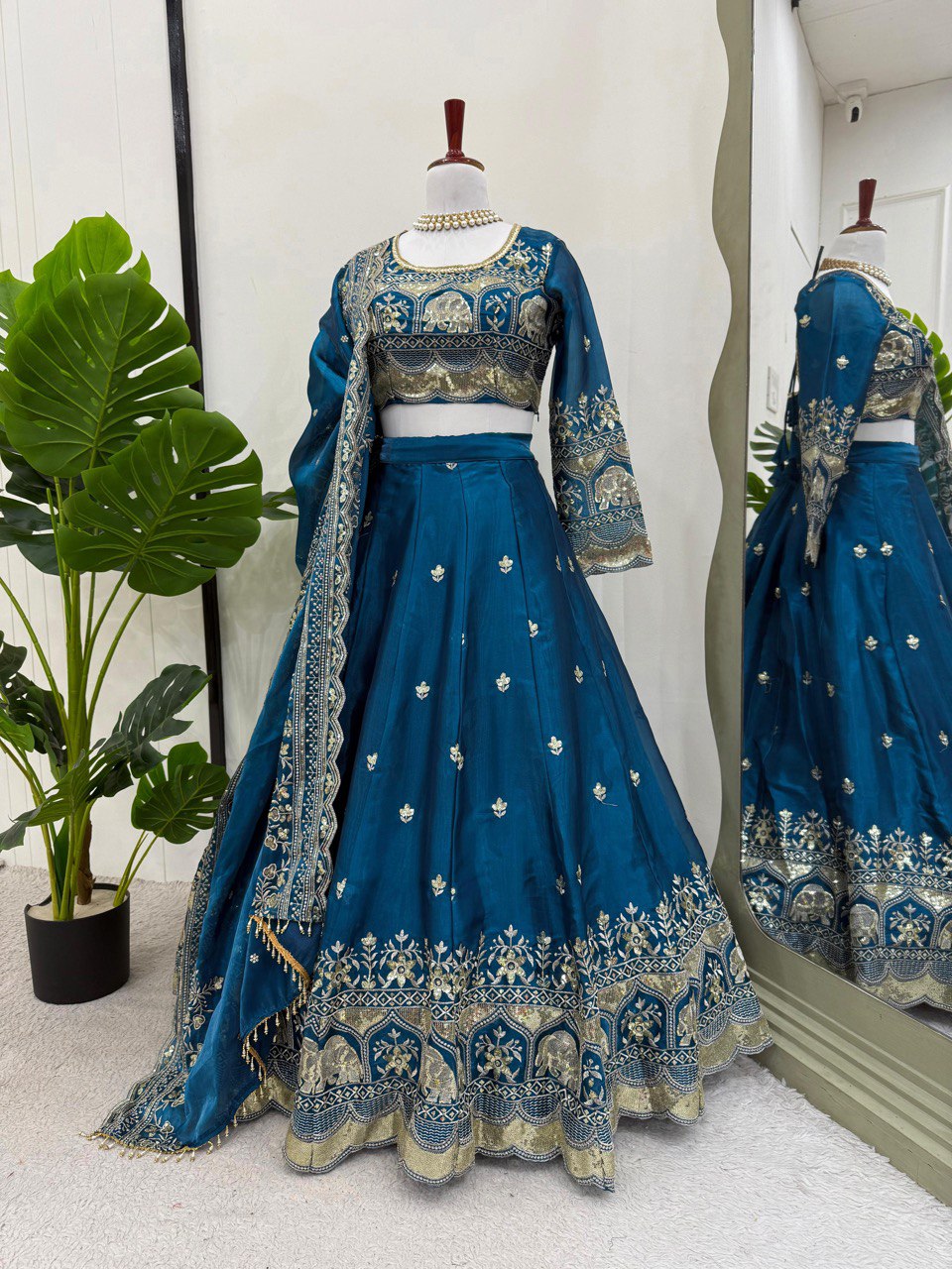 Blue Elegant Designer Lehenga Set – Thread & Sequin Work Full-Stitched Flair Beauty CHIFFON