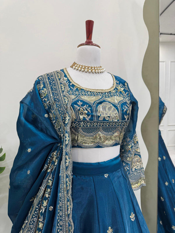 Blue Elegant Designer Lehenga Set – Thread & Sequin Work Full-Stitched Flair Beauty CHIFFON