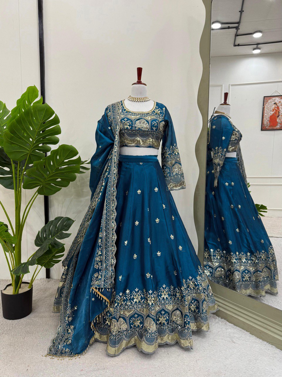 Blue Elegant Designer Lehenga Set – Thread & Sequin Work Full-Stitched Flair Beauty CHIFFON