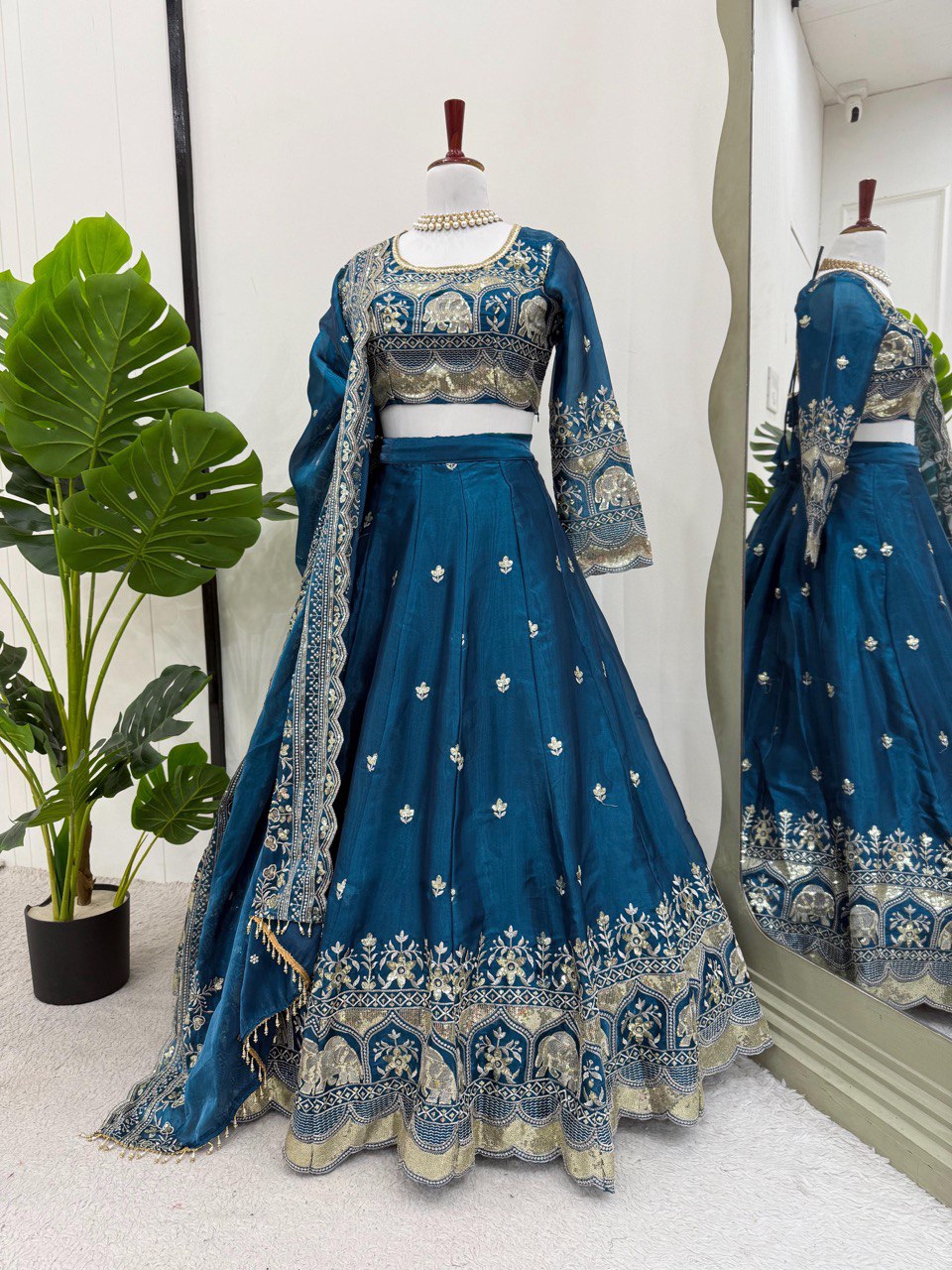 Blue Elegant Designer Lehenga Set – Thread & Sequin Work Full-Stitched Flair Beauty CHIFFON