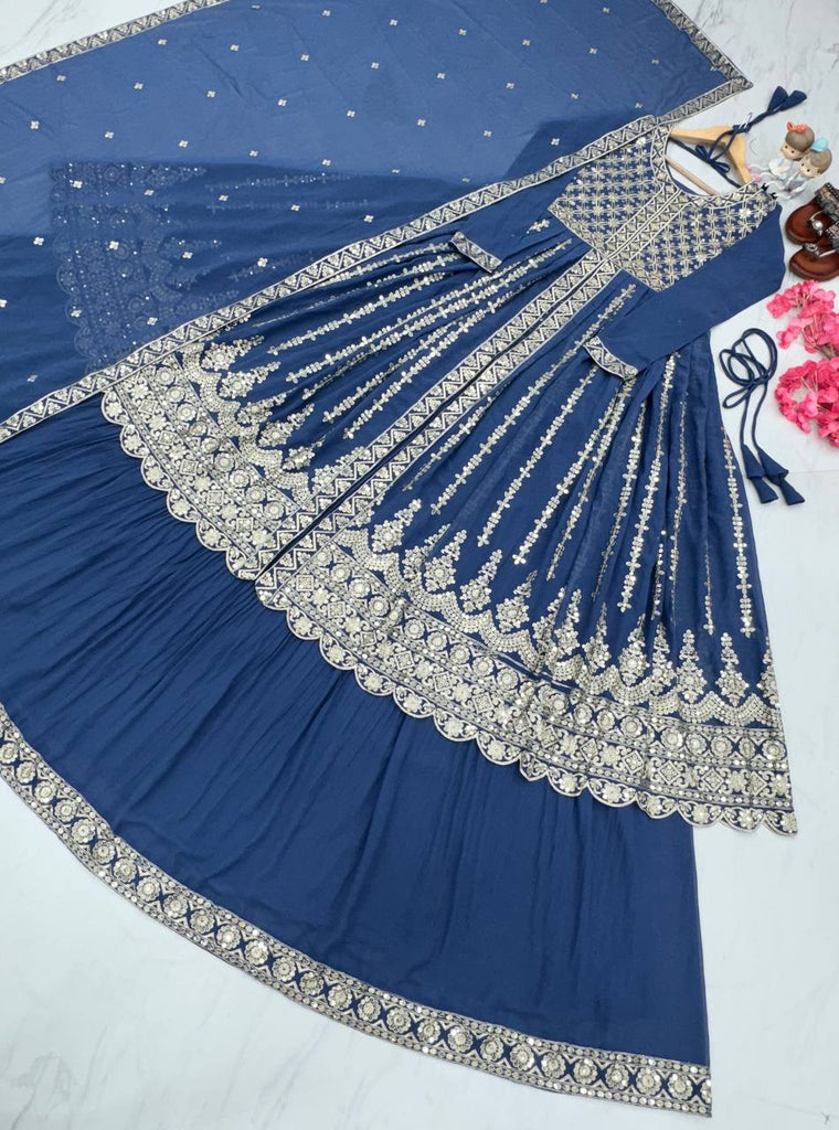 Blue Elegant Designer Party Wear Heavy Faux Georgette Lehenga, Top & Dupatta Set Clothsvilla