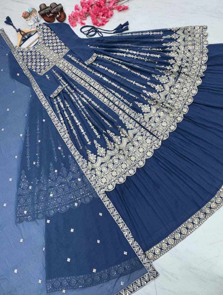 Blue Elegant Designer Party Wear Heavy Faux Georgette Lehenga, Top & Dupatta Set Clothsvilla