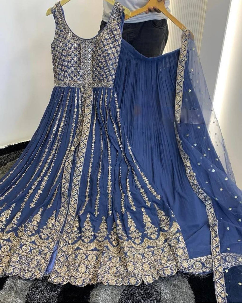 Blue Elegant Designer Party Wear Heavy Faux Georgette Lehenga, Top & Dupatta Set Clothsvilla