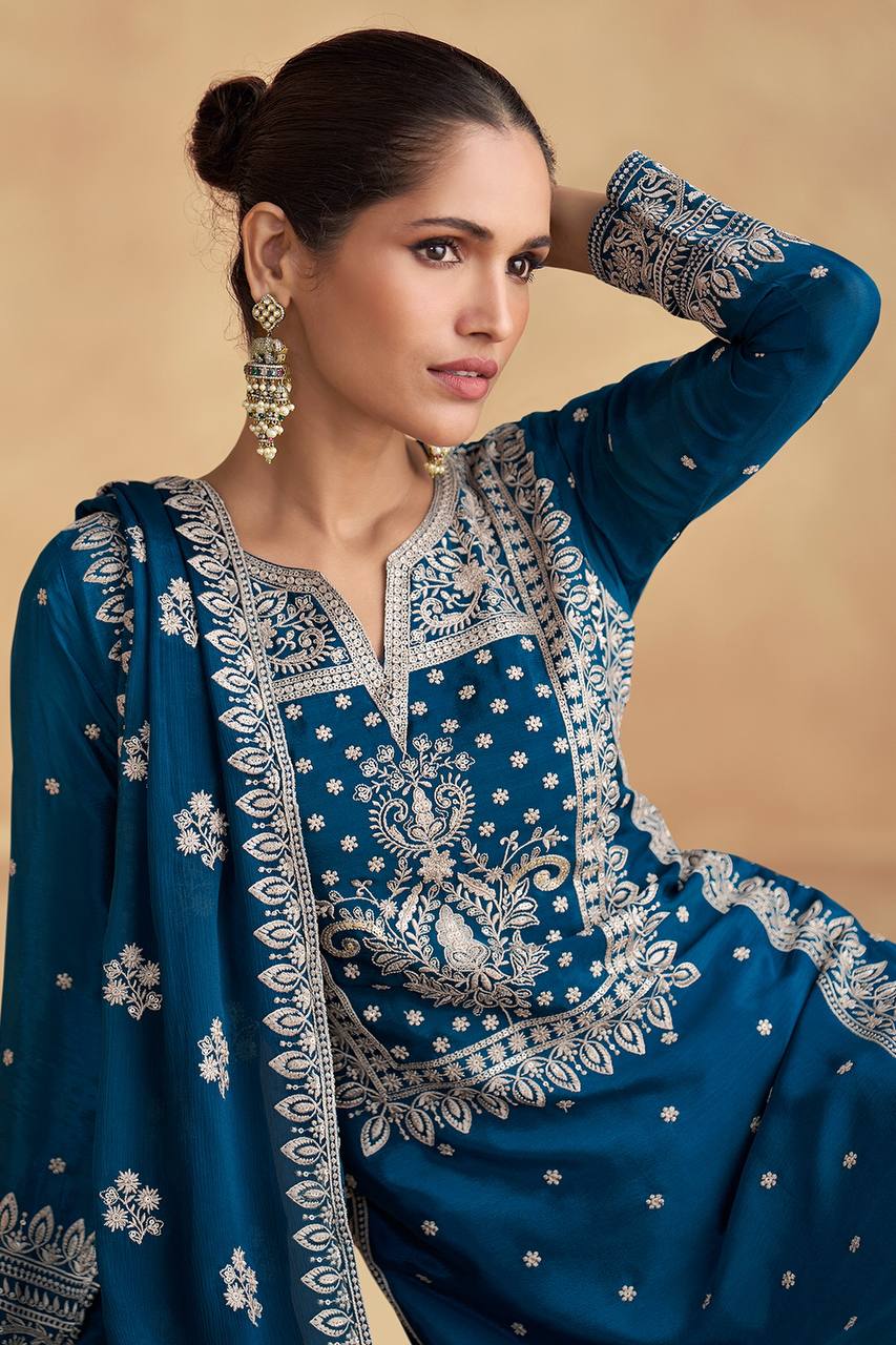 Blue Elegant Embroidered Chinon Suit Set – Full Stitched ClothsVilla