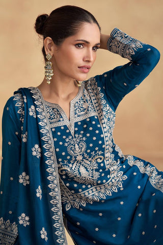 Blue Elegant Embroidered Chinon Suit Set – Full Stitched ClothsVilla