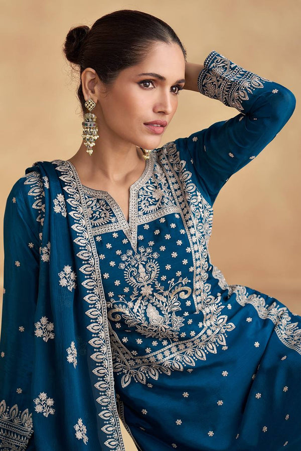 Blue Elegant Embroidered Chinon Suit Set – Full Stitched ClothsVilla