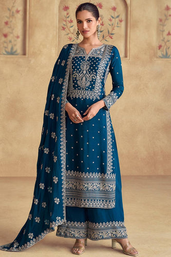 Blue Elegant Embroidered Chinon Suit Set – Full Stitched ClothsVilla