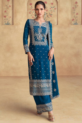 Blue Elegant Embroidered Chinon Suit Set – Full Stitched ClothsVilla