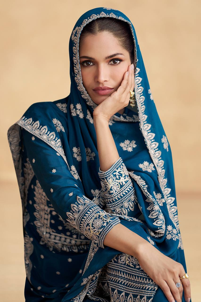Blue Elegant Embroidered Chinon Suit Set – Full Stitched ClothsVilla