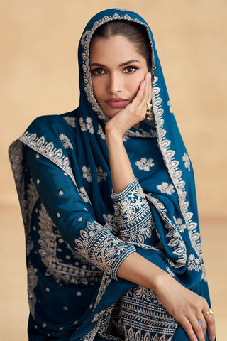 Blue Elegant Embroidered Chinon Suit Set – Full Stitched ClothsVilla