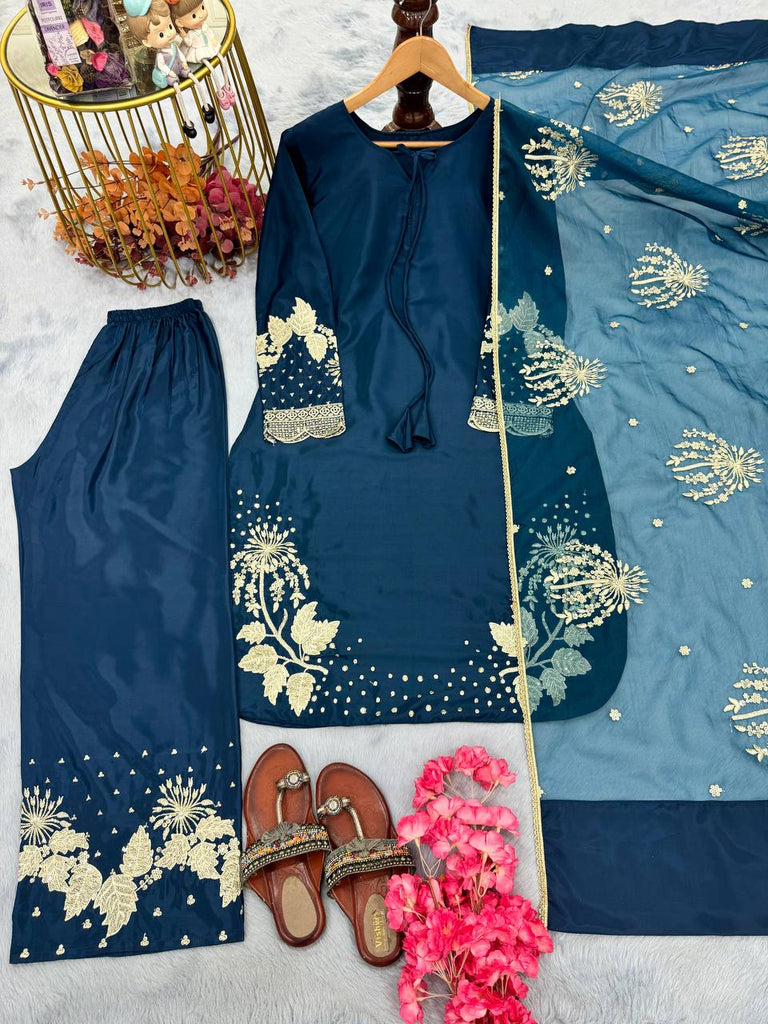 Blue Elegant Embroidered Crepe Palazzo Set with Dupatta ClothsVilla