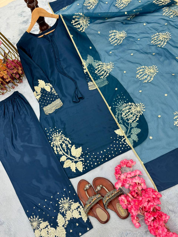 Blue Elegant Embroidered Crepe Palazzo Set with Dupatta ClothsVilla