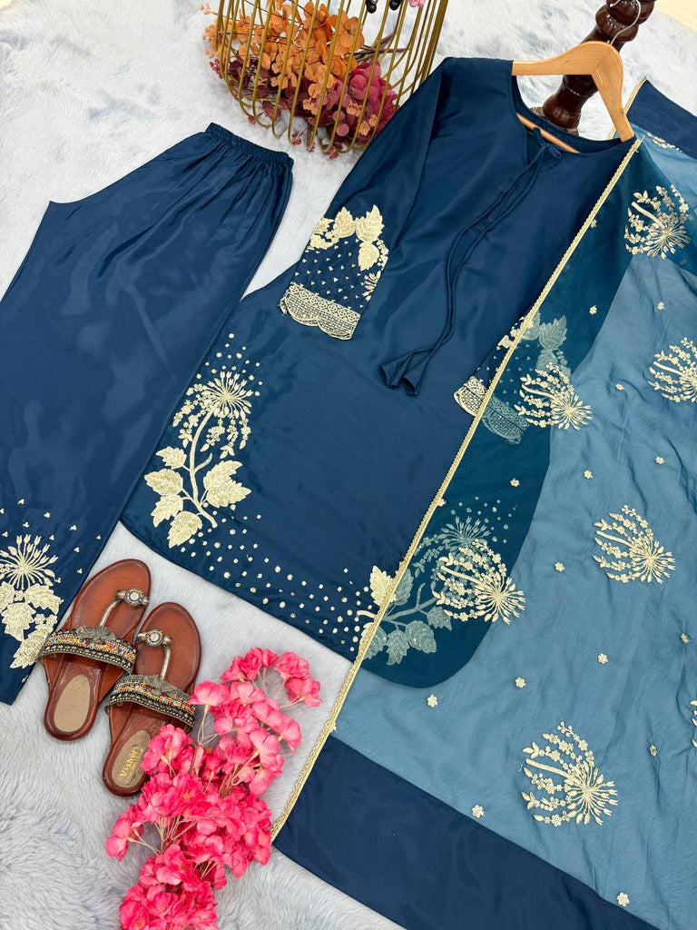 Blue Elegant Embroidered Crepe Palazzo Set with Dupatta ClothsVilla