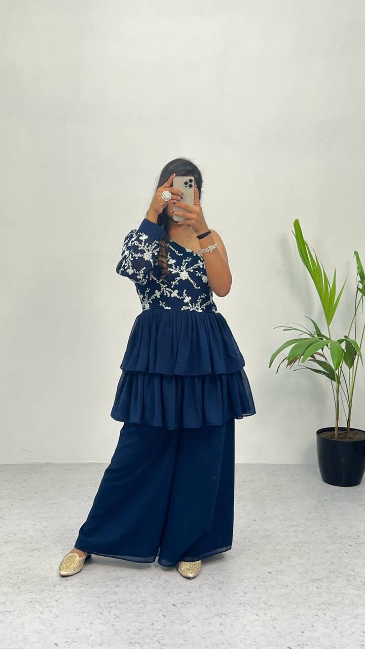 Blue Elegant Embroidered Georgette Top & Palazzo Set – Chic & Classy! ClothsVilla
